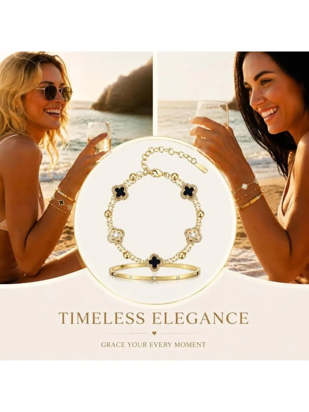 Elegant 14K Gold Plated Clover Bracelet Set for Women, Stackable CZ Jewelry